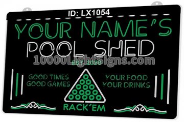 LX1054 Your Names Pool Shed Rack Em Good Times Games Food Drinks